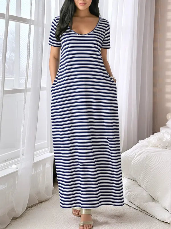 Women's Long Nightgown, Coffee Leopard Print, Casual Round Neck Long Sleeve Pocket Sleepwear, Soft Comfortable All-Season Loungewear