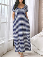 Women's Long Nightgown, Coffee Leopard Print, Casual Round Neck Long Sleeve Pocket Sleepwear, Soft Comfortable All-Season Loungewear
