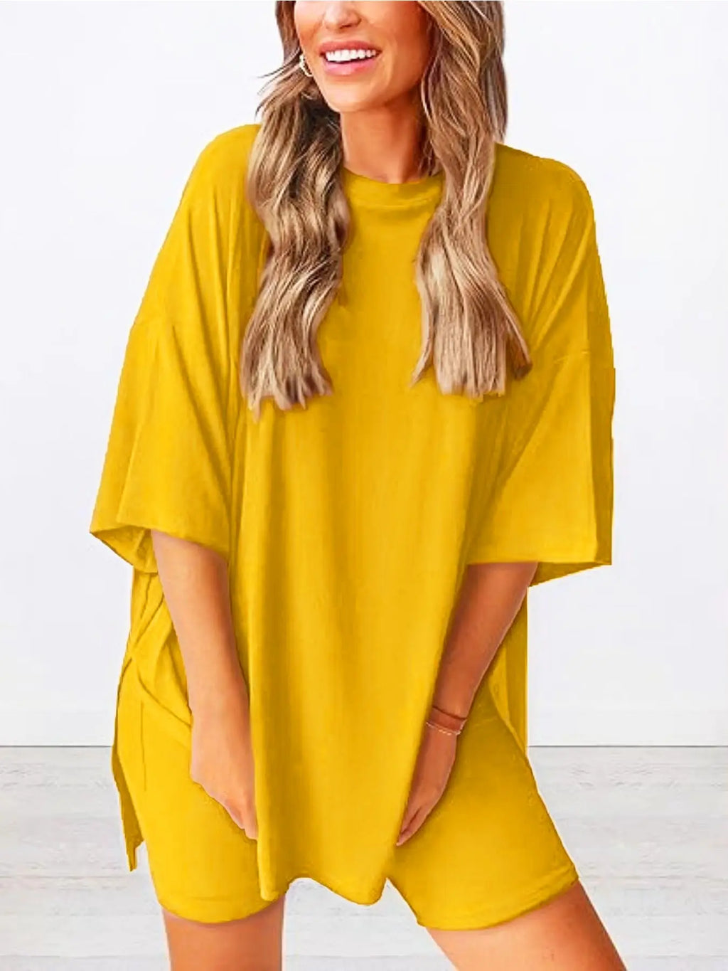 Women's Solid Color T-Shirt and Tight Shorts Set, Casual Summer Comfort Round Neck Sleepwear, Pocket Design, Outdoor Wear