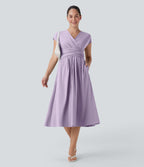 Casual midi dress, V-neck, short sleeves, side pockets, tie-back detail, quick-drying