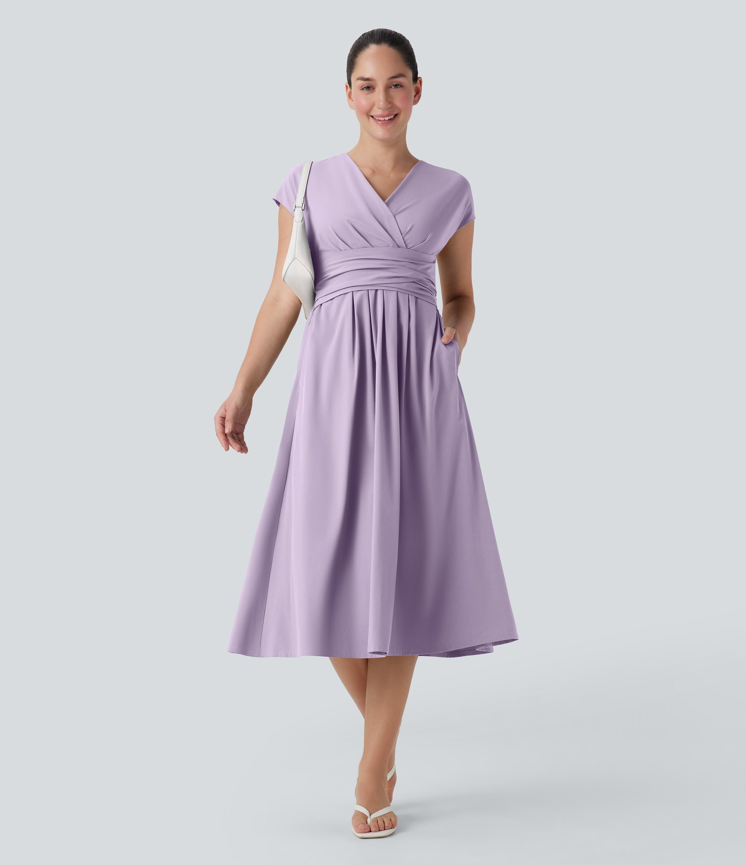 Casual midi dress, V-neck, short sleeves, side pockets, tie-back detail, quick-drying