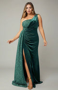 Curveins Plus Size One Shoulder Sequin Velvet Patchwork High Slit Maxi Dress