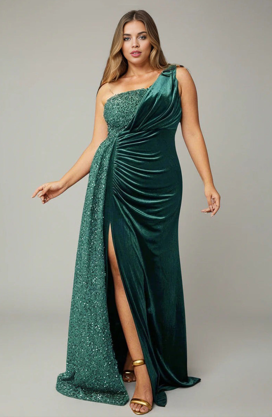 Curveins Plus Size One Shoulder Sequin Velvet Patchwork High Slit Maxi Dress