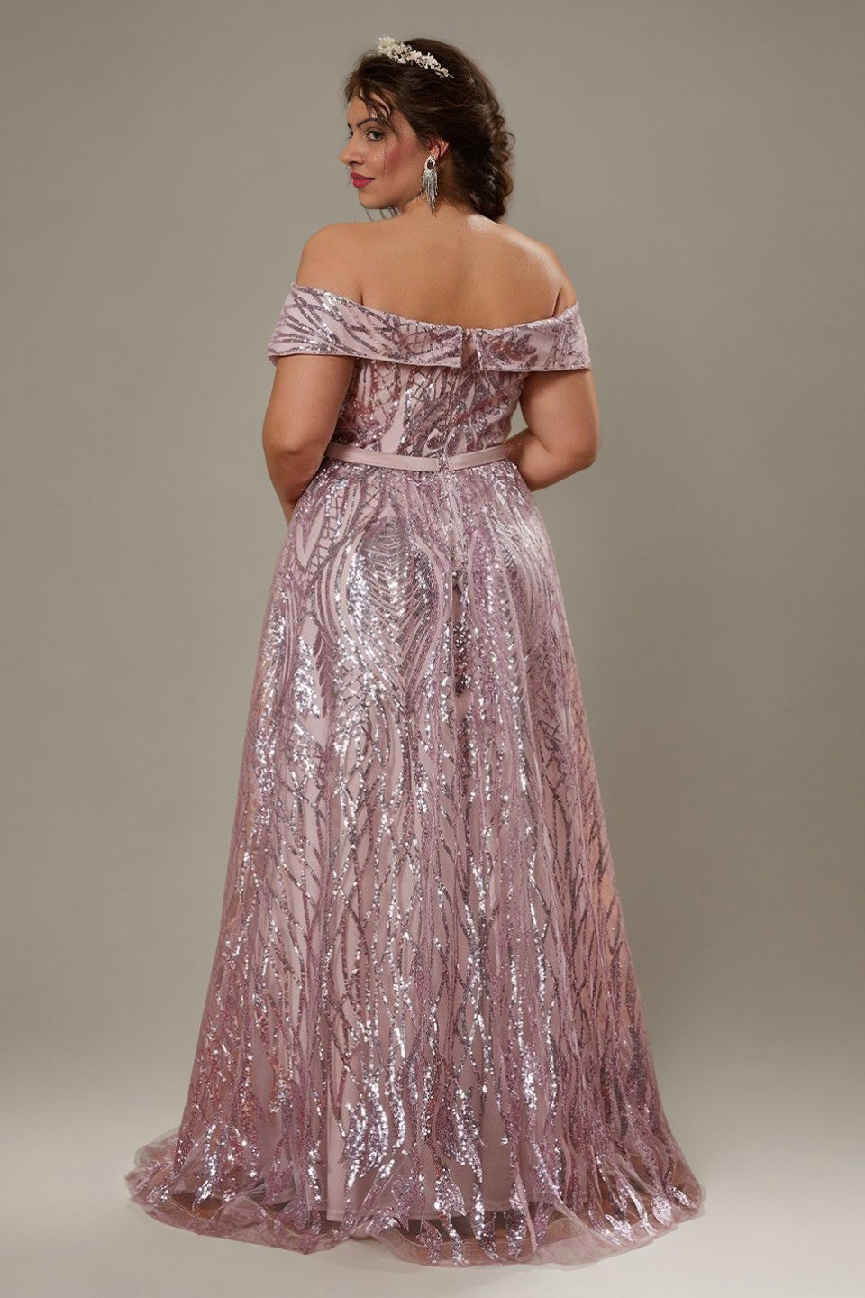 Curveins Plus Size Off-Shoulder Textured Sequin Waist-Defined Maxi Dress