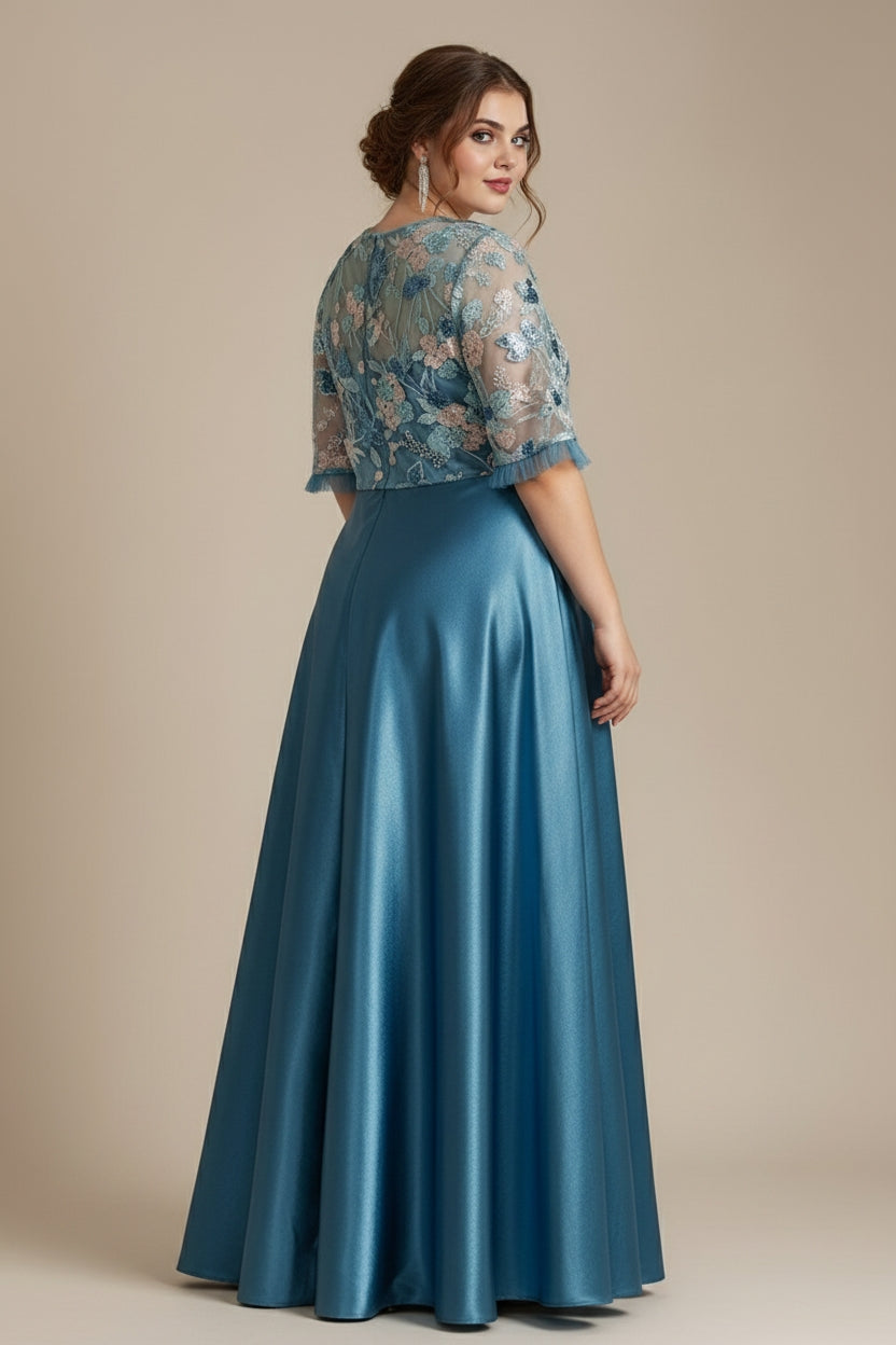 Curveins Plus Size Round Neck Batwing Sleeve Ruffle Patchwork Elegant Maxi Dress