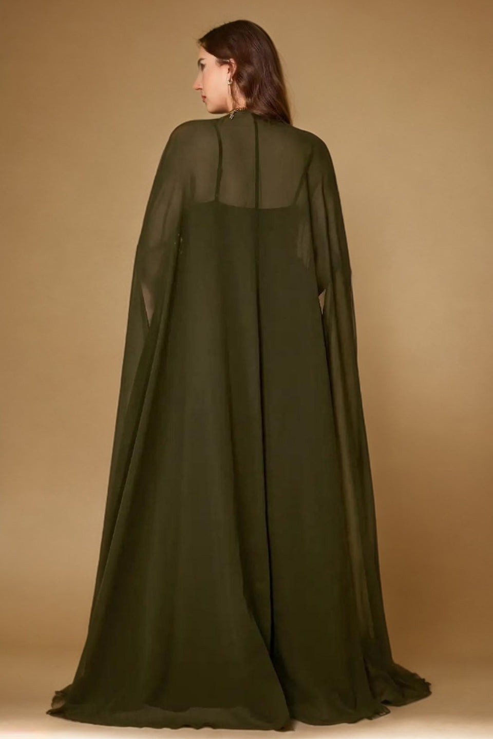 Curveins Plus Size V Neck Ruched Waist Maxi Dress with Cape Sleeve