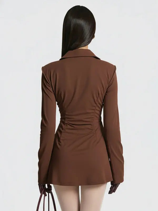 Women's Fashion Solid Color Deep V Neck Elegant Dress, Trendy Ruched Waist Design, Perfect for Spring Autumn Parties