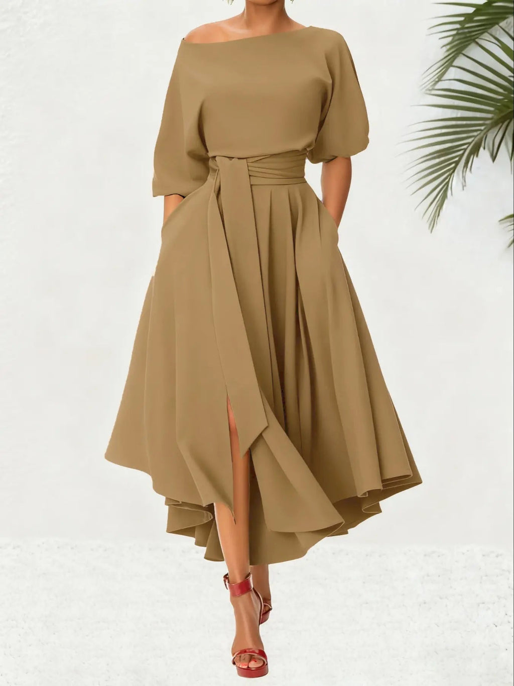 Women's Plain Belted Split Boat Neck Dress