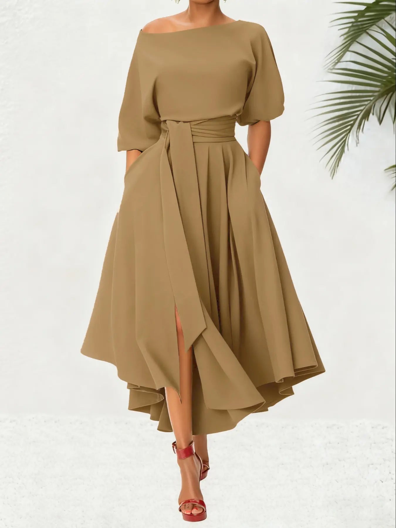 Women's Plain Belted Split Boat Neck Dress