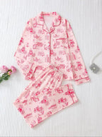 Two-Piece Set Women's All Over Print Button Front Pocket Lapel Shirt & Elastic Waist Pants Pyjama, Casual Comfy Long Sleeve Top & Trousers PJ Set, Women's Sleepwear for Spring & Fall