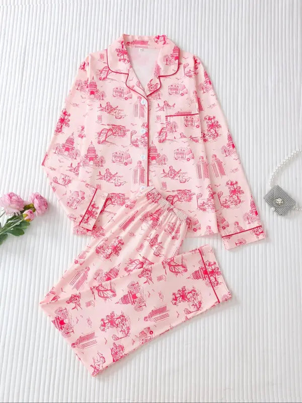 Two-Piece Set Women's All Over Print Button Front Pocket Lapel Shirt & Elastic Waist Pants Pyjama, Casual Comfy Long Sleeve Top & Trousers PJ Set, Women's Sleepwear for Spring & Fall