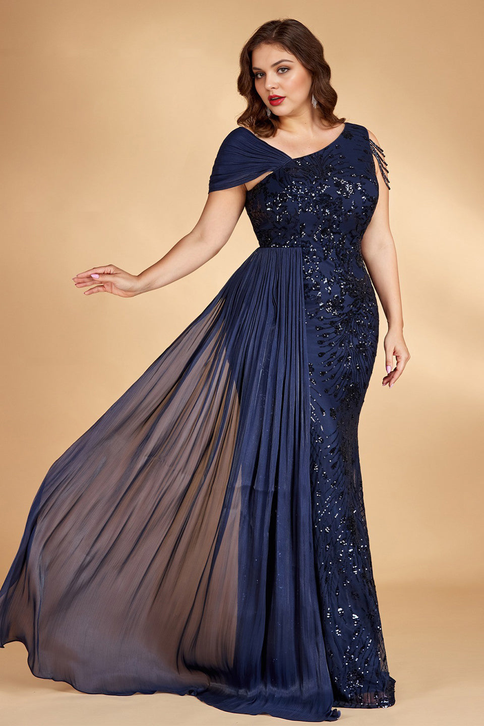 Curveins Plus Size One Shoulder Sleeveless Beaded Ribbon Elegant Maxi Dress