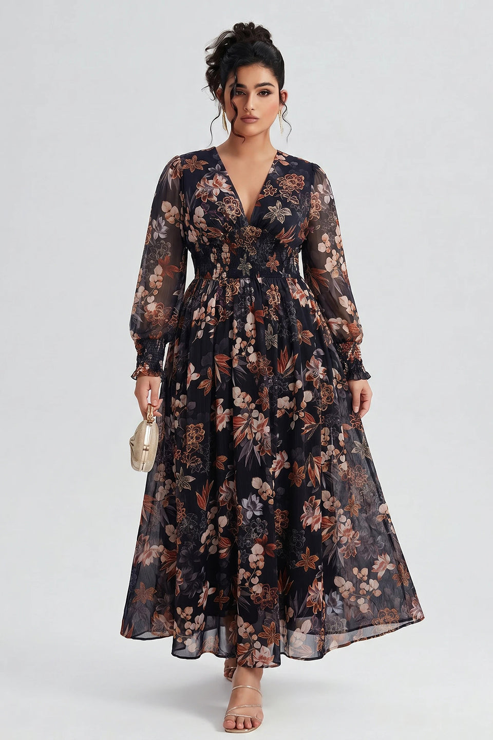 Curveins Plus Size V Neck Long Sleeve Floral Waist Maxi Dress