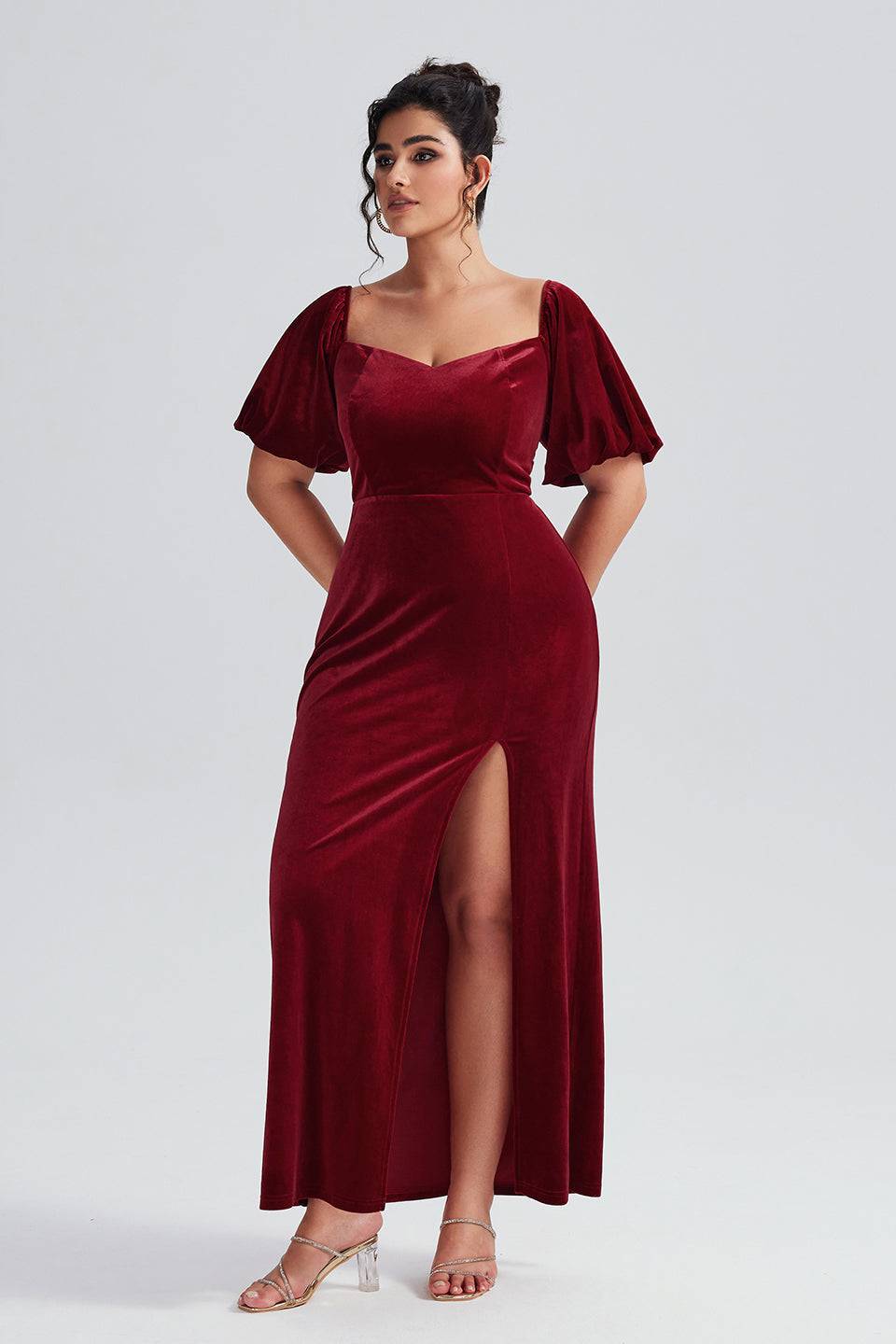 Curveins Plus Size Velvet V-Neck Elegant Maxi Dress