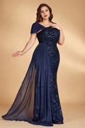 Curveins Plus Size One Shoulder Sleeveless Beaded Ribbon Elegant Maxi Dress