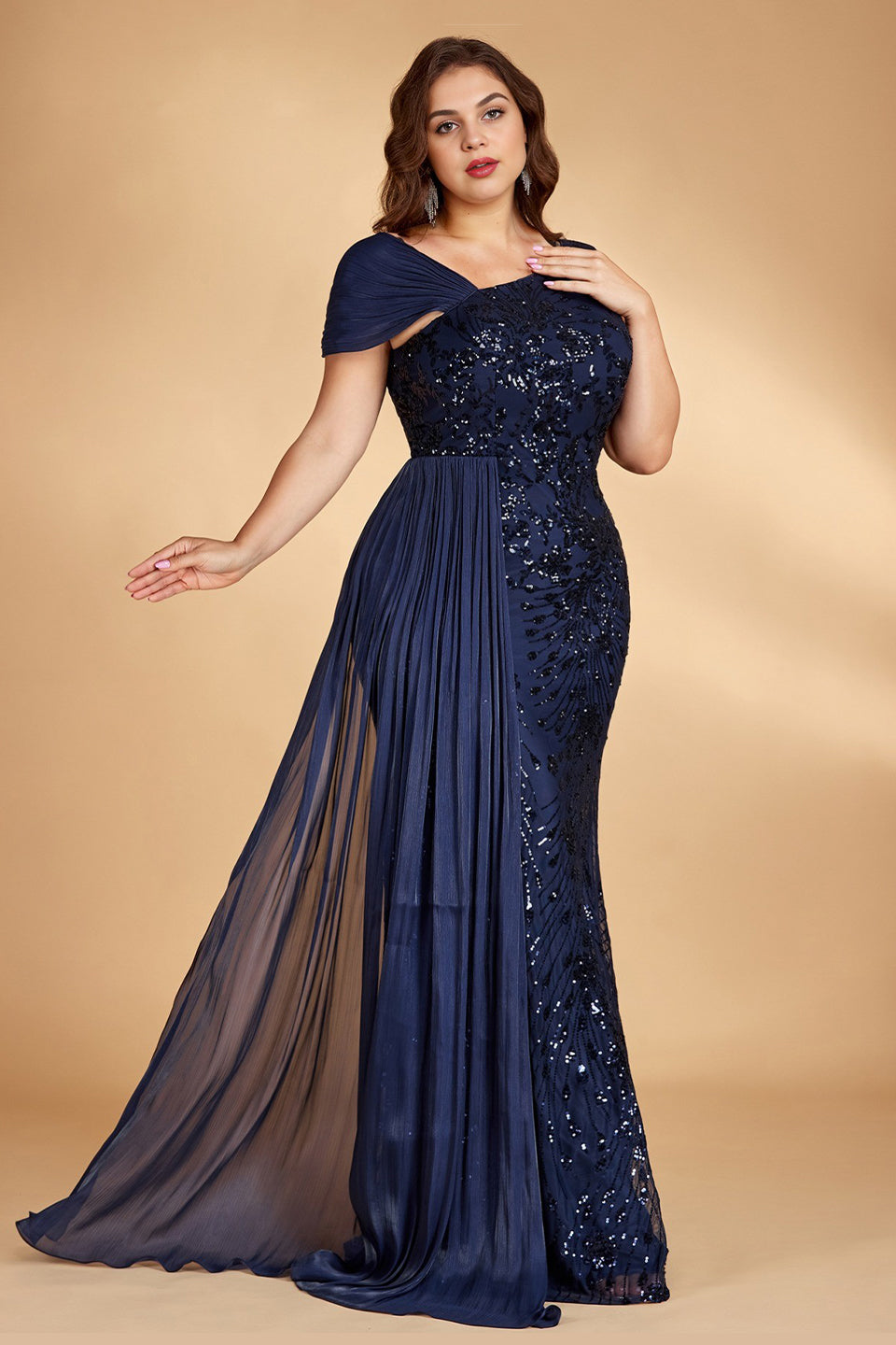 Curveins Plus Size One Shoulder Sleeveless Beaded Ribbon Elegant Maxi Dress