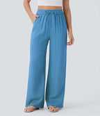 Casual High-Waisted Linen Trousers with Drawstring and Wide Pockets