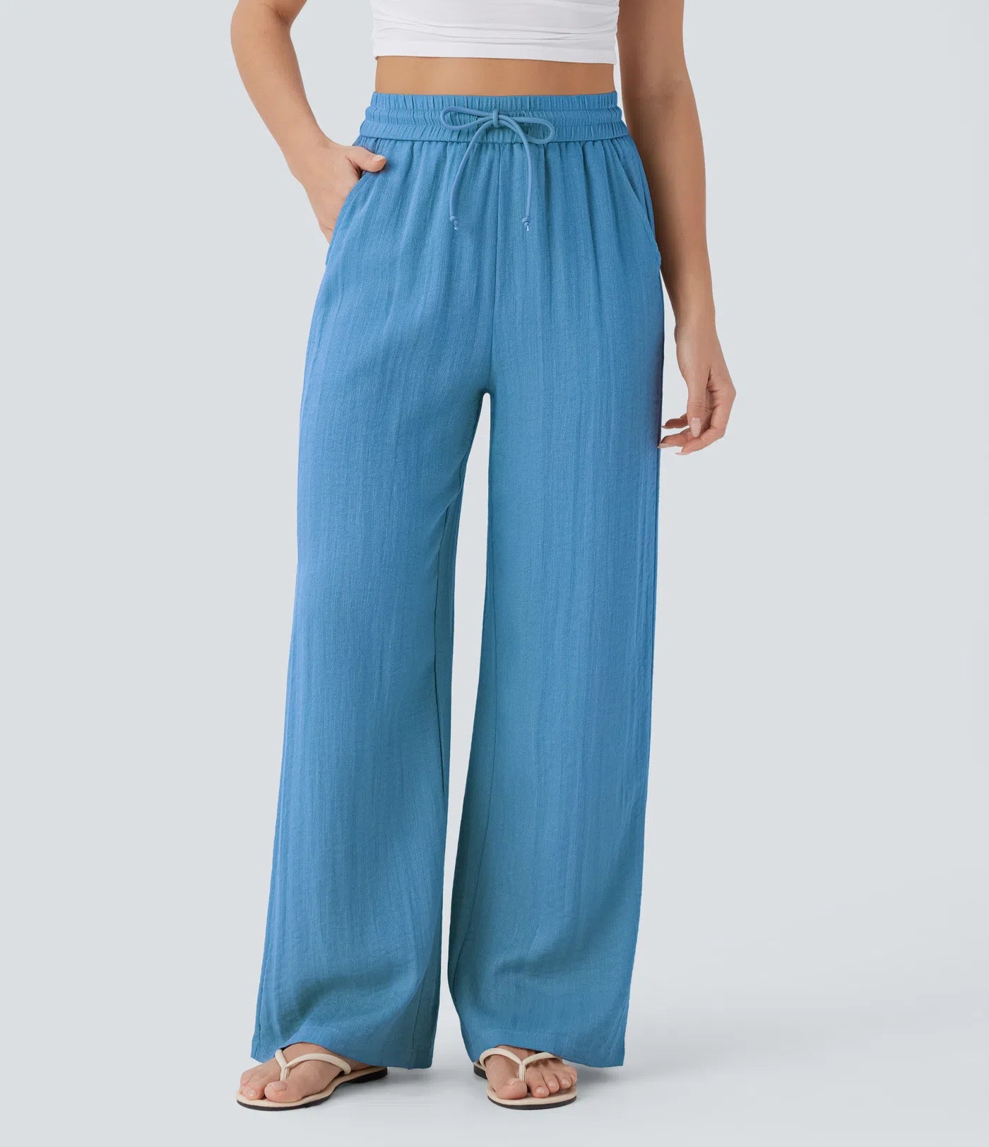 Casual High-Waisted Linen Trousers with Drawstring and Wide Pockets