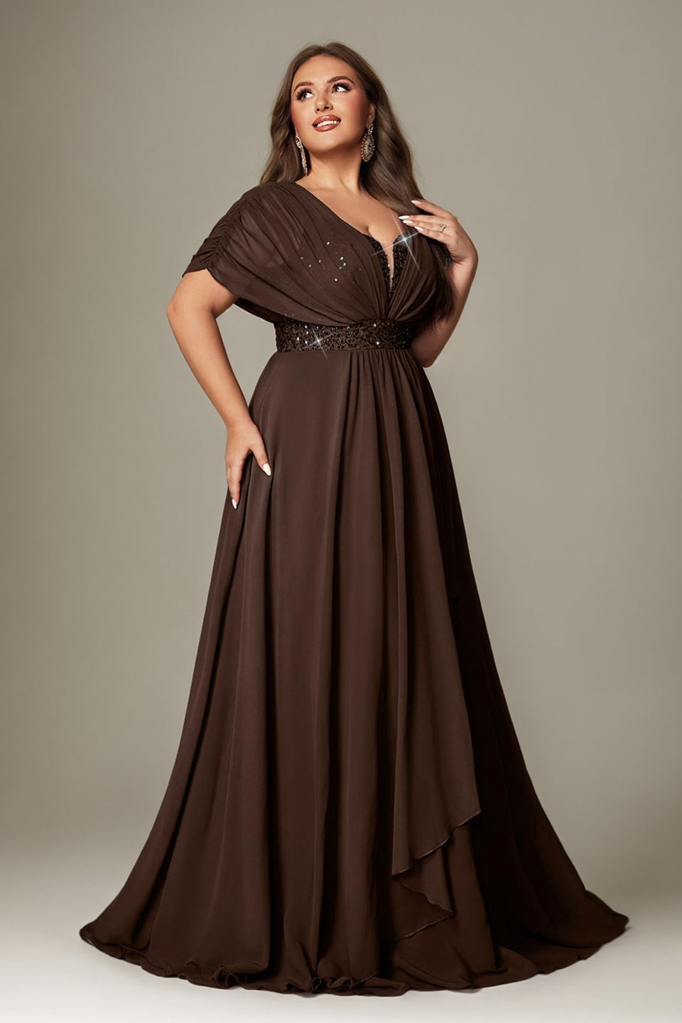 Curveins Plus Size V-Neck Short Sleeve Asymmetrical A-Line Maxi Dress