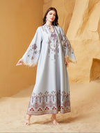 Women's Elegant Long Dress, Loose Fit Ethnic Print, Lace-Up Design, All-Season Wear, Perfect for Evening Occasions & Special Events