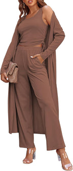 Women's 3 Piece Lounge Set Pajama Long Sleeve Cardigan Sleeveless Top Pants Sweatsuit
