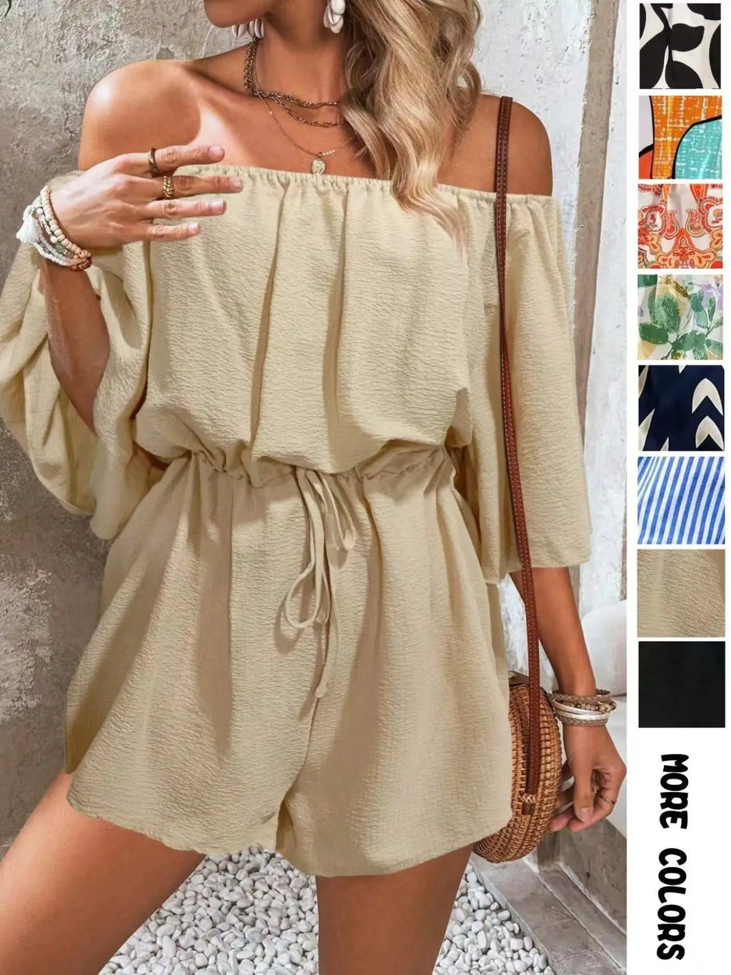 Women's Leaf Print Off Shoulder Tie Front Romper, Casual Flounce Sleeve Romper for Summer, Fashion Women's Clothing for Beach Holiday Vacation