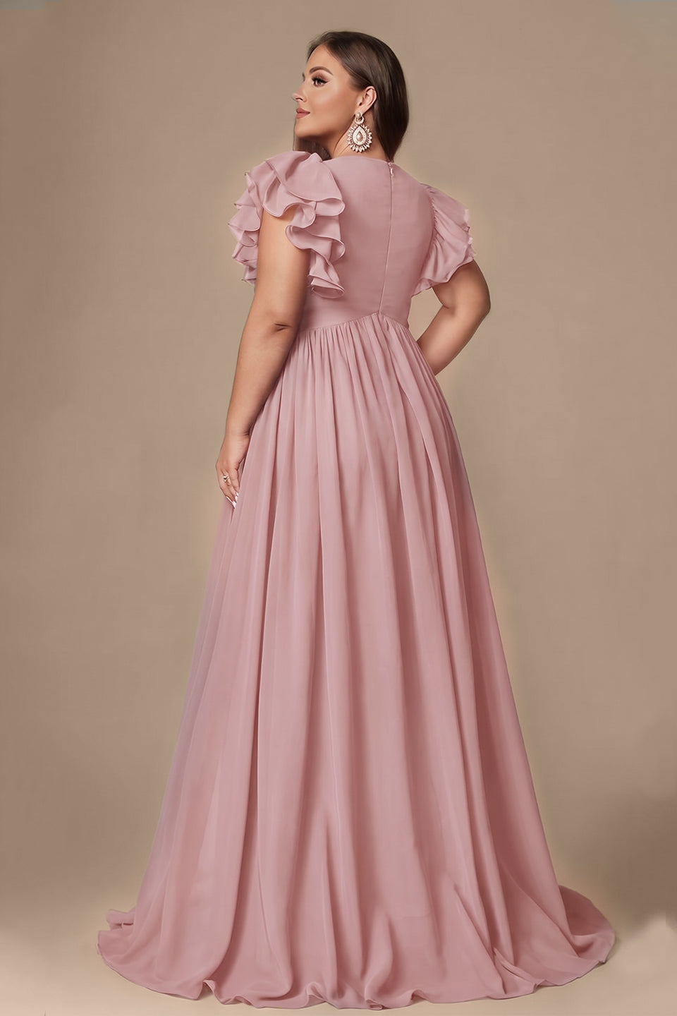 Curveins Plus Size V-Neck Ruffle Sleeve Split A-Line Maxi Dress