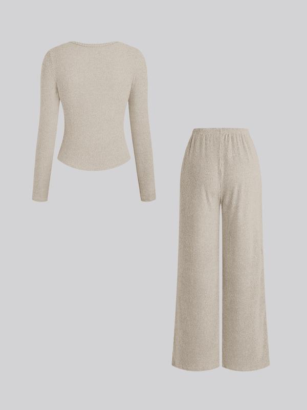 Women's Fall Winter Casual Slim-Fit Long Sleeve Round Neck Top & Pants Set, Plain Pattern Moderate Fabric, Two-Piece