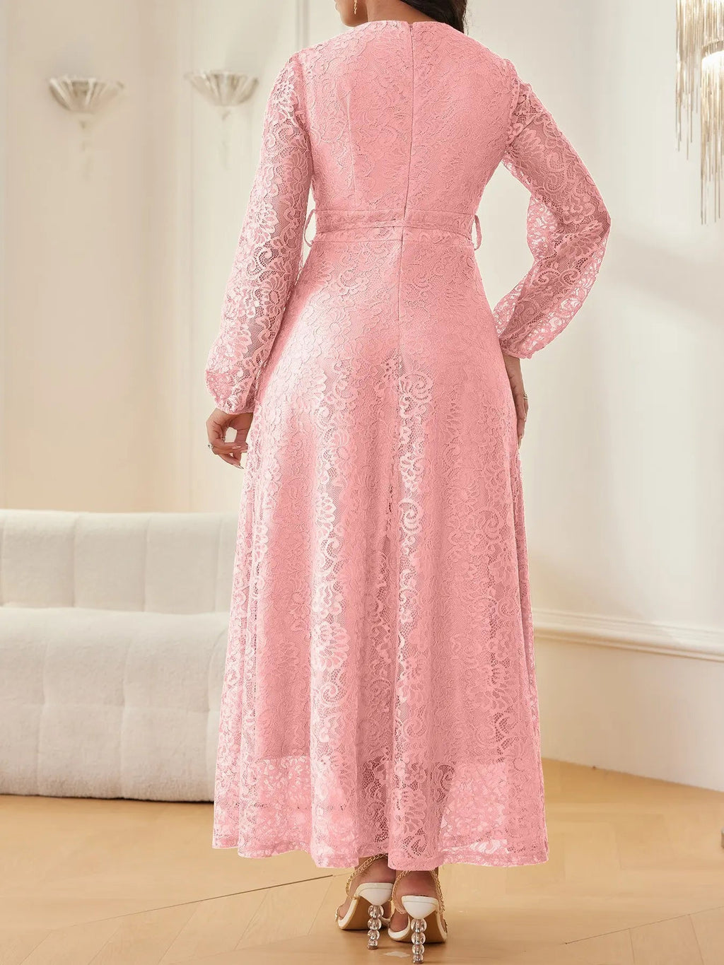 Women's Lace V-Neck Long Sleeve Dress, Elegant Chic Belted Waist, Slim Fit, Plain Color, Wedding Evening Formal Occasion, Spring & Fall