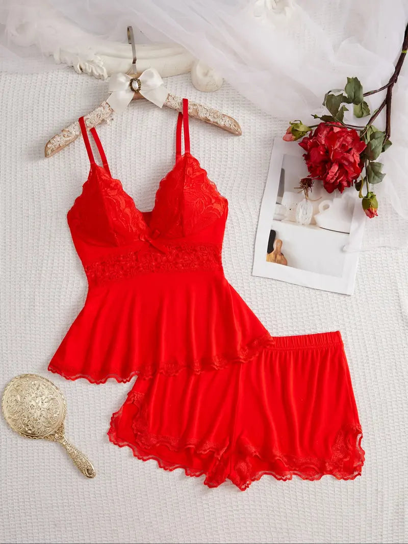 Women's Solid/leopard Print Strap Cami Top & Lace Trim Shorts Pyjama Two-piece Set, Casual Comfy Camisole & Shorts Pj Set, Ladies Sleepwear for All Seasons, Loungewear, Pajamas, Womenswear