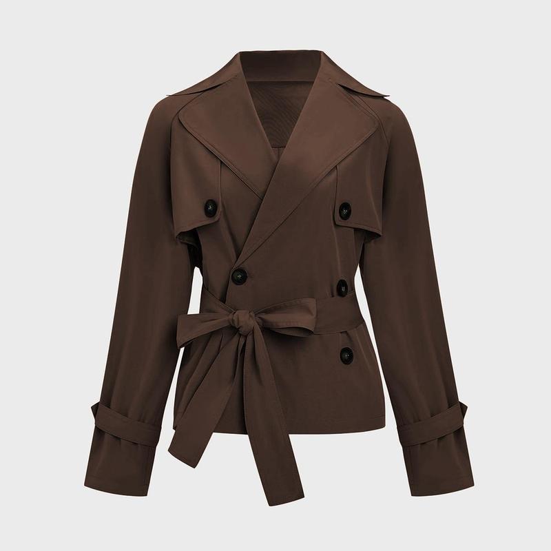 Women's Commuter Notch Lapel Double Breasted Detachable Belt Trench Coat, Fall & Winter Plain Wrap Tie Waist Outerwear Jacket, Elegant Trench Coat