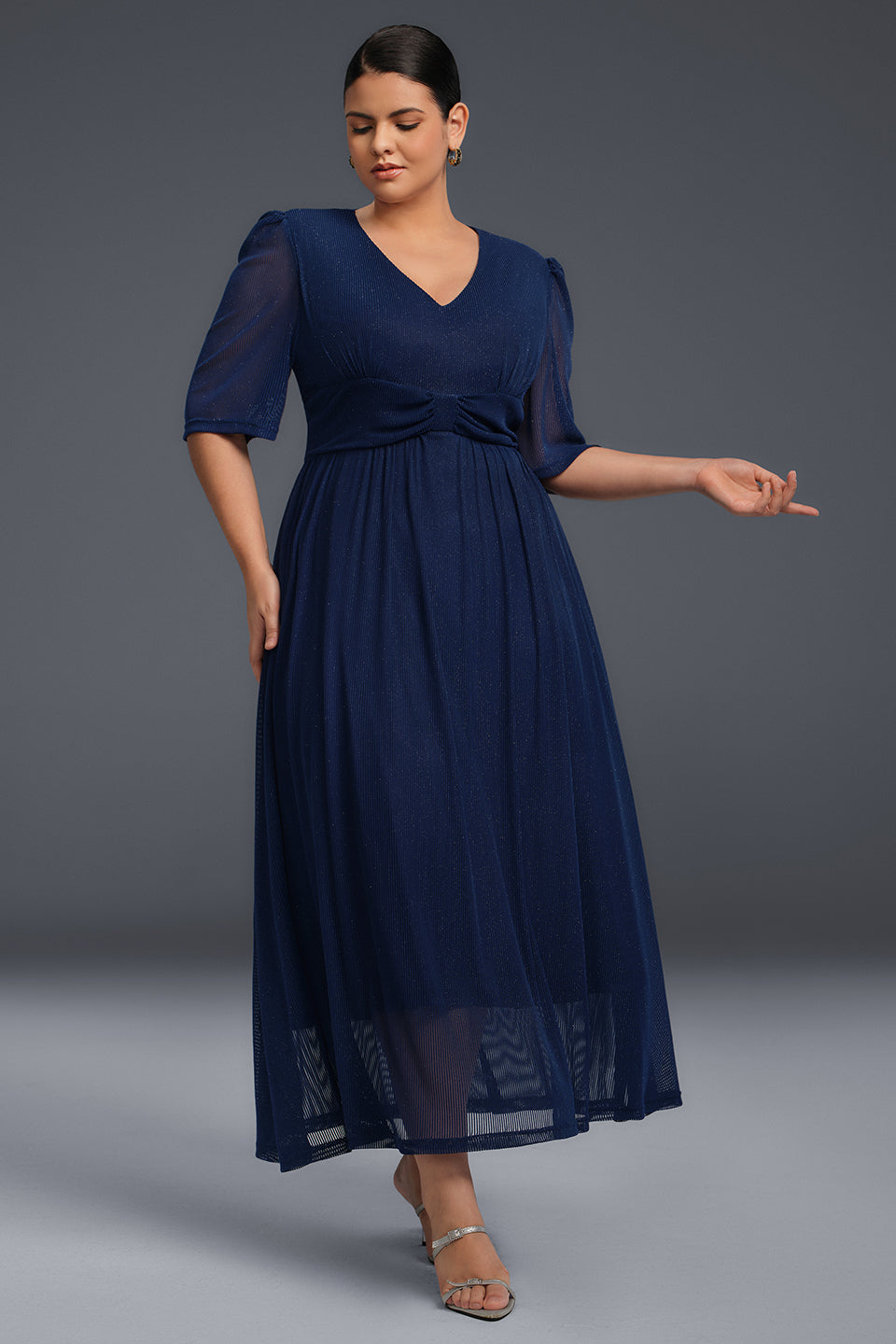 Curveins Plus Size V-Neck Long Sleeve Ruffle Hem Maxi Dress