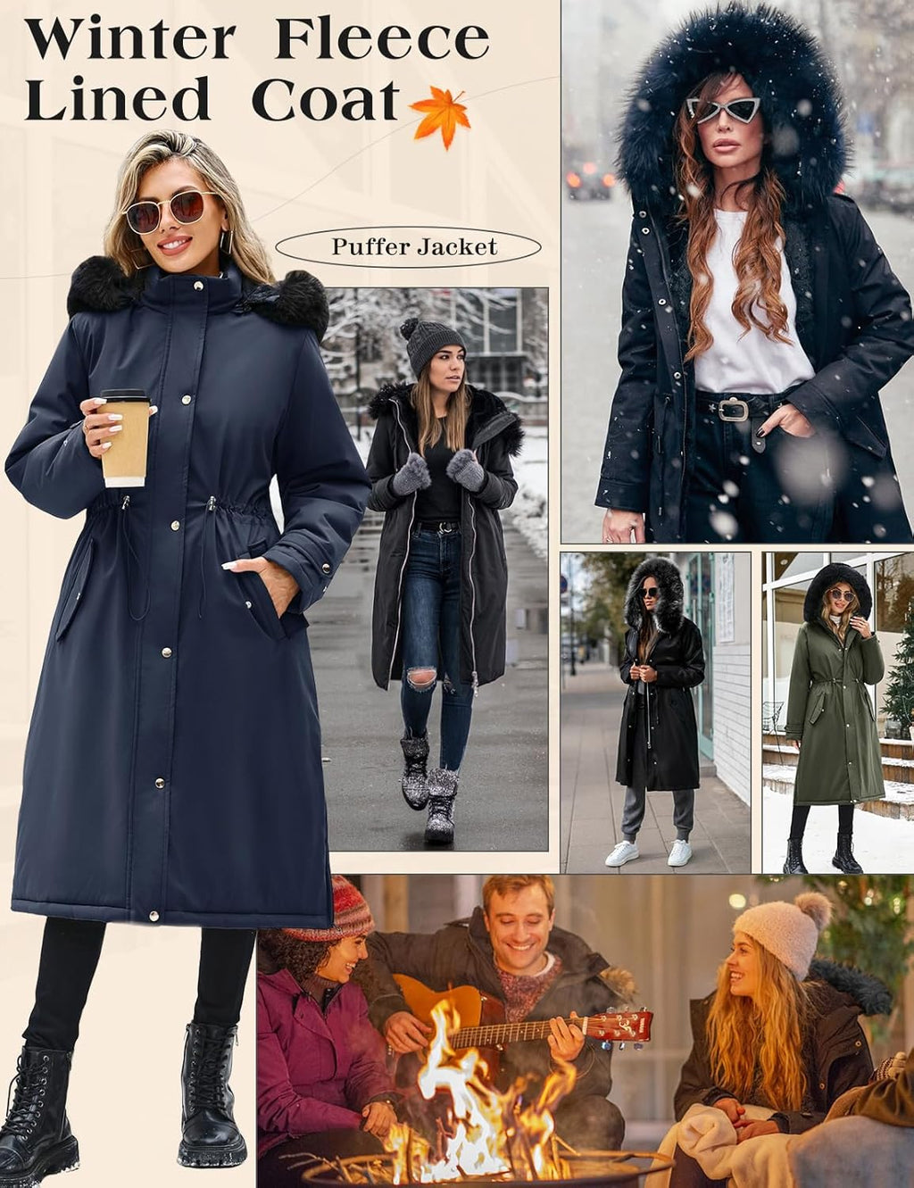 Women's Long Coats Winter Fleece Lined Warm Long Jackets for Women, Water Repellent Windproof Parka Coat Zip Up Button Drawstring Waist Overcoat with Pockets and Detachable Hood