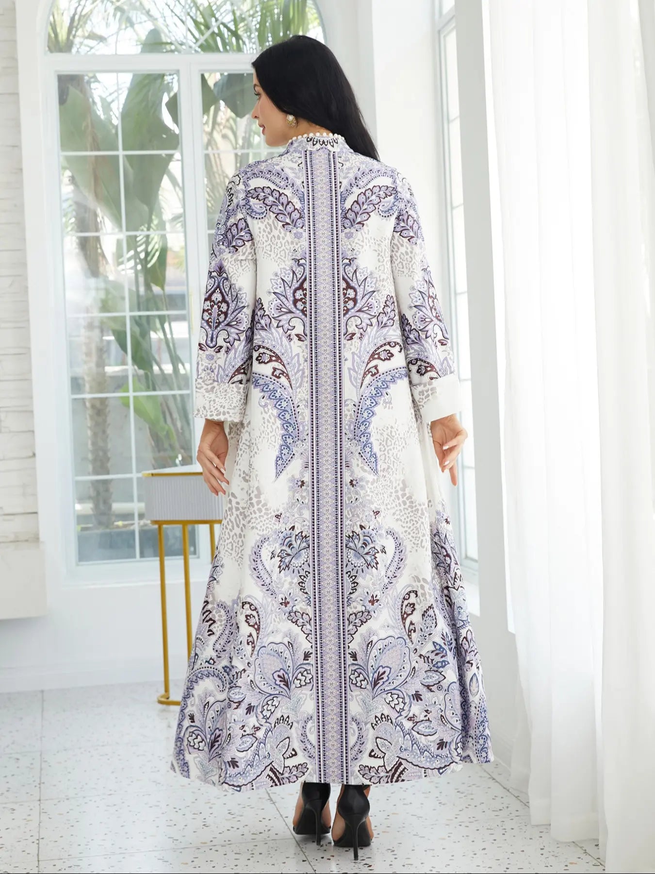 Women's V Neck Long Dress, All-Season Loose Fit A-Line Jalabiya, Soft 75D Stretch Fabric, Elegant Arabic Clothing