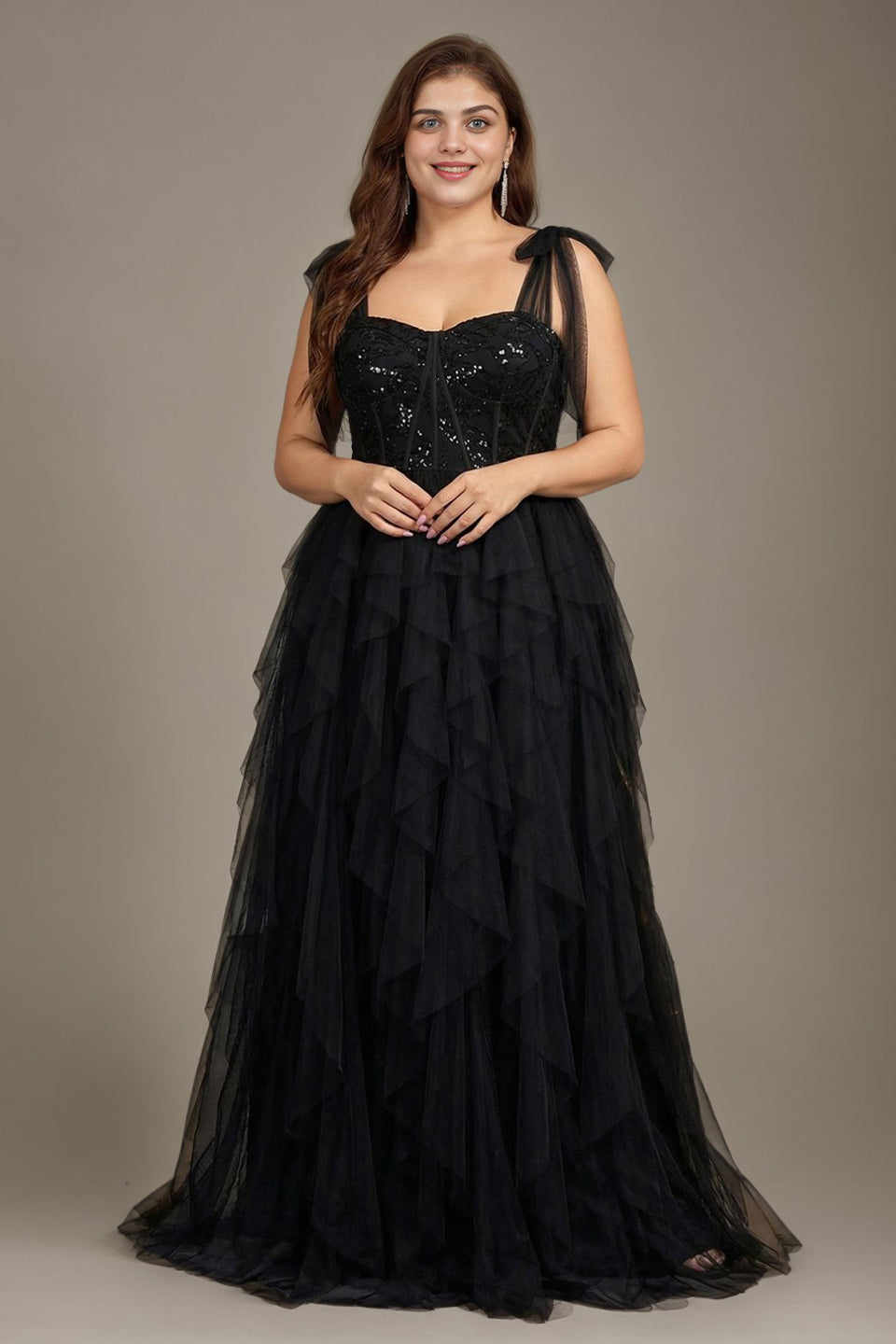 Curveins Plus Size V Neck Cami Tulle Overlay Sequin Patchwork Flattering Maxi Dress