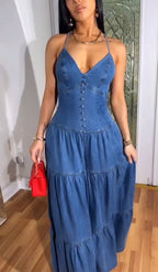 Women's Sexy Halterneck Sleeveless Denim Jumpsuit