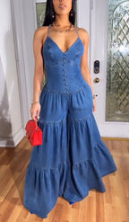 Women's Sexy Halterneck Sleeveless Denim Jumpsuit