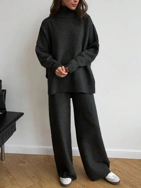 Women's 2 Pcs Sweater Set Autumn/Winter Long Sleeve Turtle Neck Drop Shoulder Solid Color Pullover Sweater and Wide Leg Pants