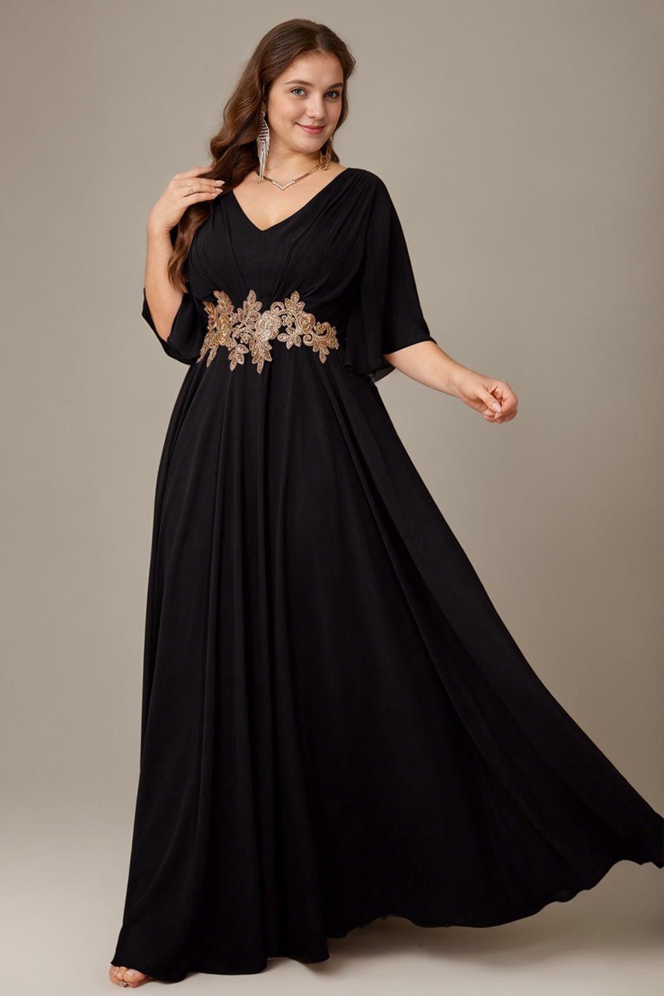 Curveins Plus Size Batwing Sleeve V Neck Gathered Waist Elegant Maxi Dress