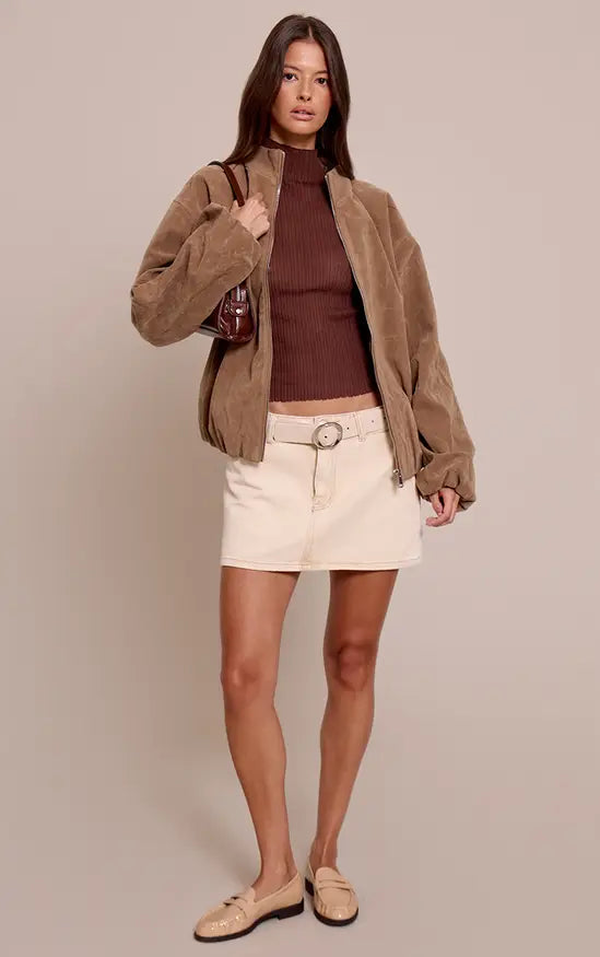 Mushroom Faux Suede Bomber Jacket