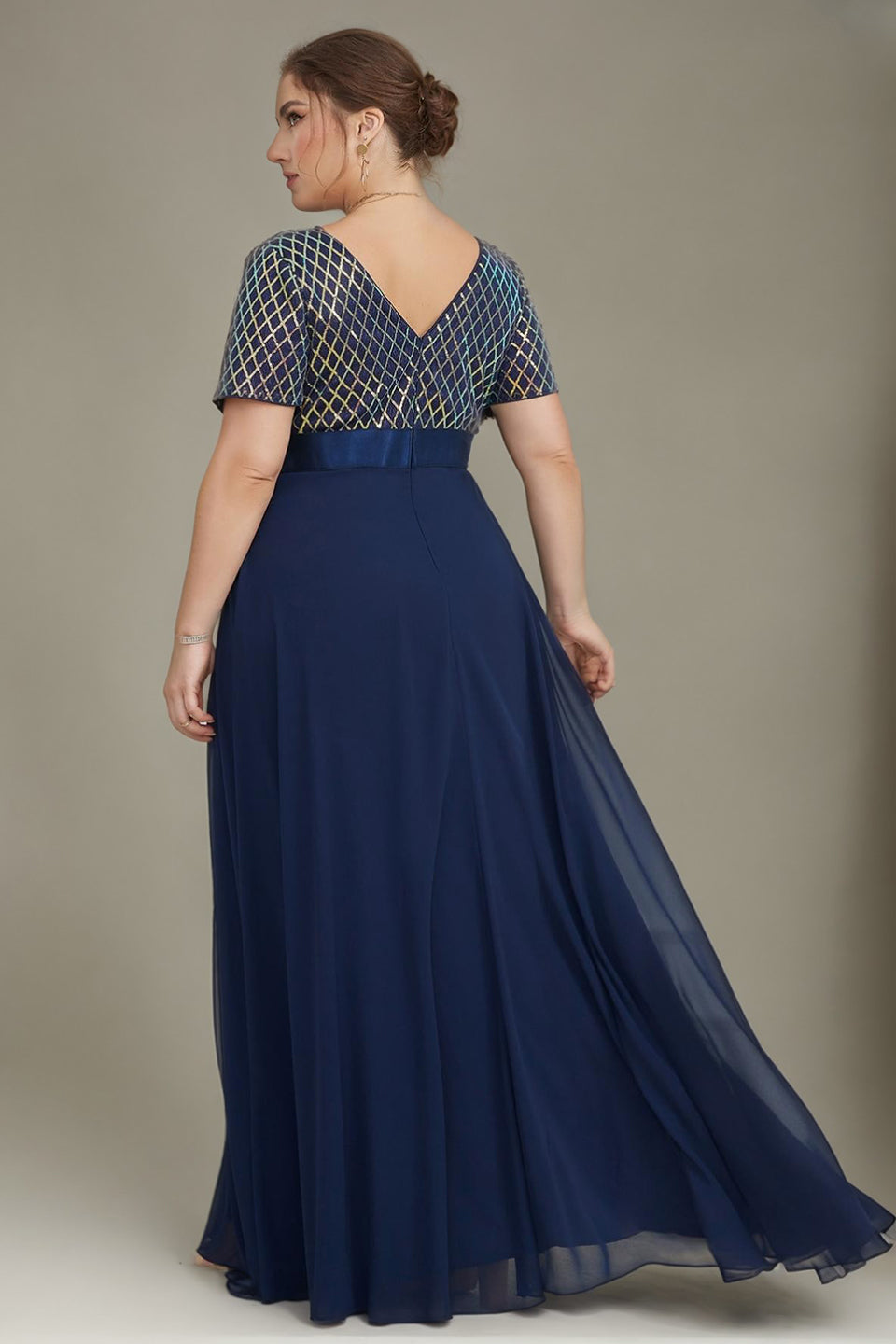 Curveins Plus Size Sequin V-Neck Short Sleeve Maxi Evening Gown
