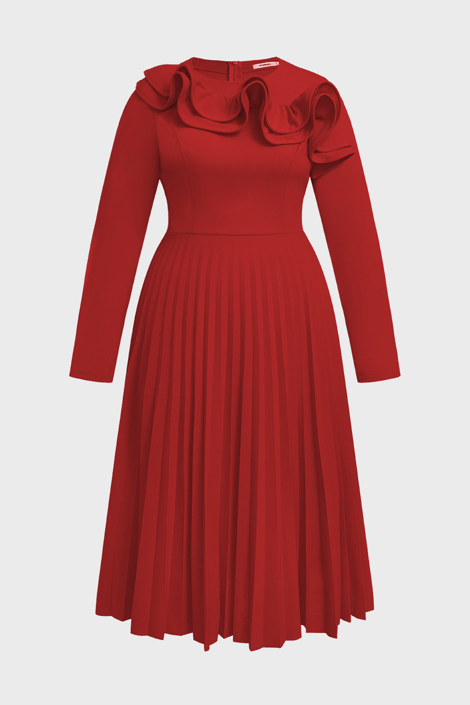 Curveins Plus Size Round-Neck Ruffled Long-Sleeve Elegant Pleated Maxi Dress