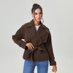 Women's Commuter Notch Lapel Double Breasted Detachable Belt Trench Coat, Fall & Winter Plain Wrap Tie Waist Outerwear Jacket, Elegant Trench Coat