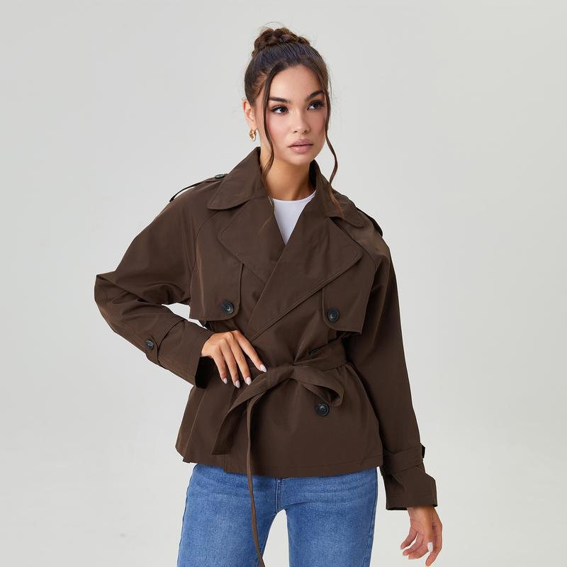 Women's Commuter Notch Lapel Double Breasted Detachable Belt Trench Coat, Fall & Winter Plain Wrap Tie Waist Outerwear Jacket, Elegant Trench Coat