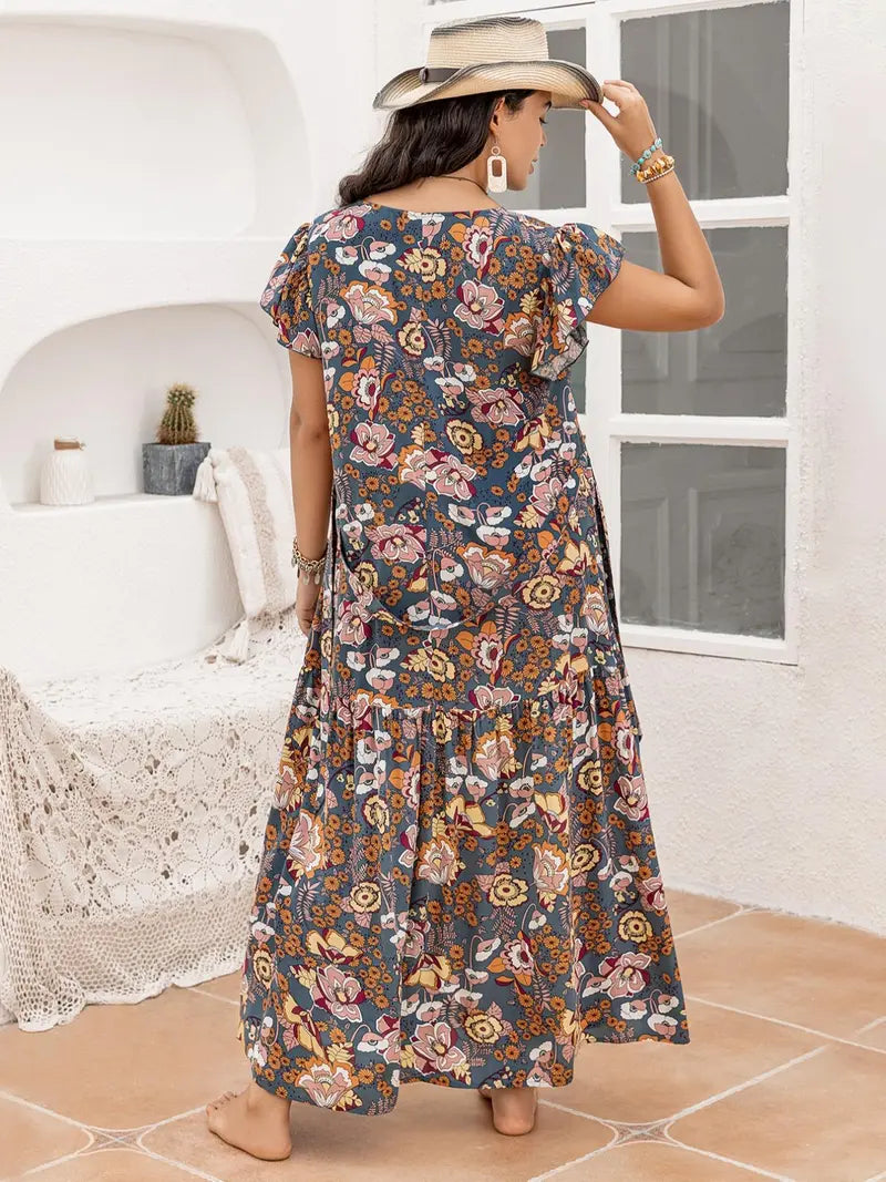 A-line dress with butterfly sleeves, belt, ruffled hem, and floral print