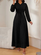 Women's Lace V-Neck Long Sleeve Dress, Elegant Chic Belted Waist, Slim Fit, Plain Color, Wedding Evening Formal Occasion, Spring & Fall