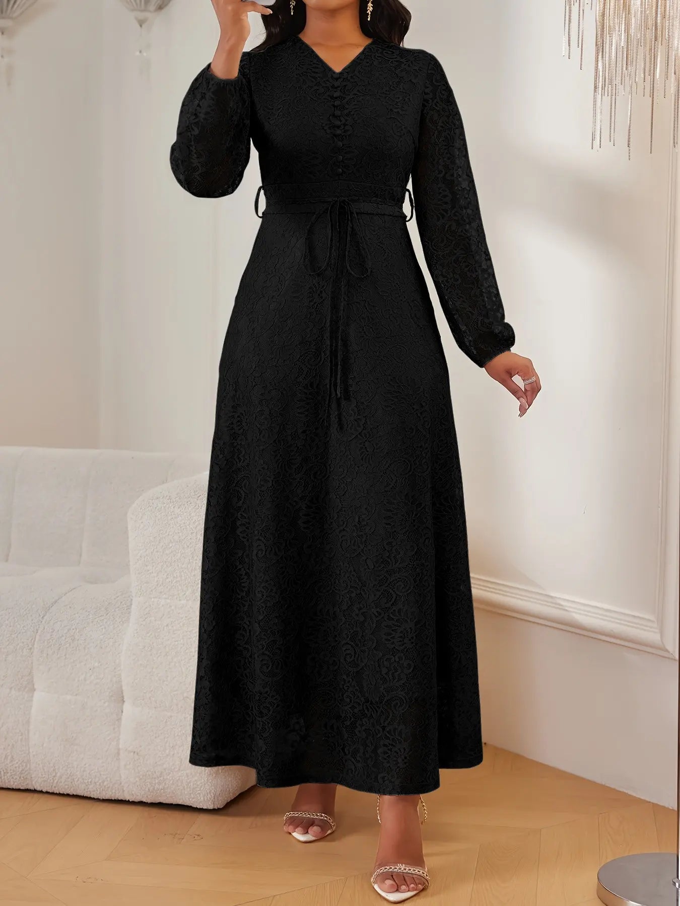 Women's Lace V-Neck Long Sleeve Dress, Elegant Chic Belted Waist, Slim Fit, Plain Color, Wedding Evening Formal Occasion, Spring & Fall