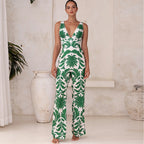 V Neck Green Printed Knotted at Waist Tummy Control One piece Swimsuit and Skirts or Pants