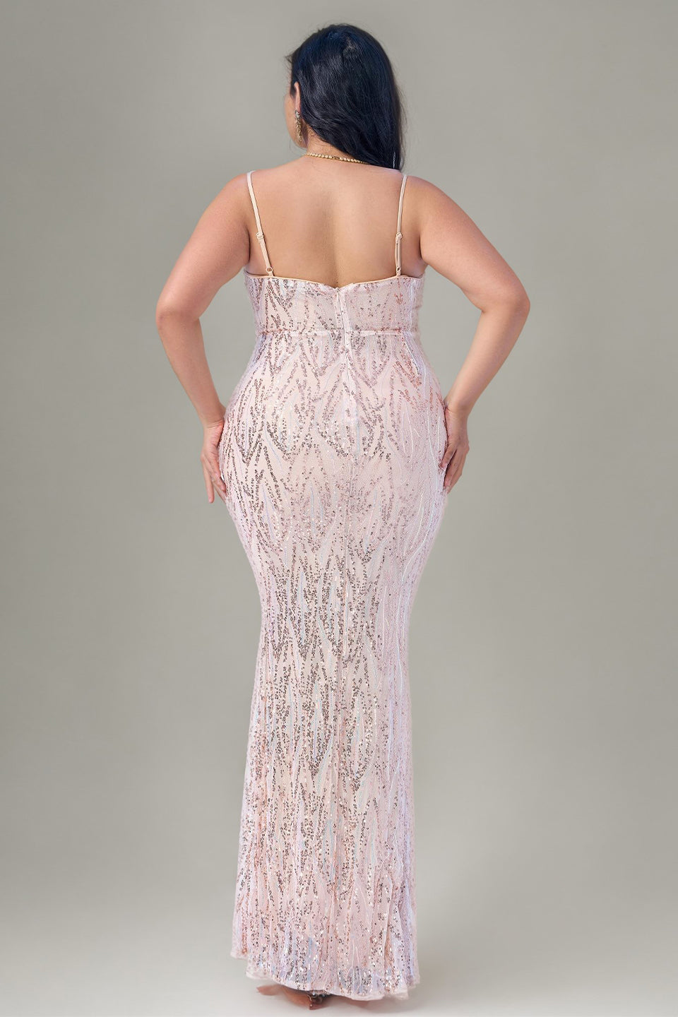 Curveins Plus Size V-Neck Spaghetti Strap Sleeveless Sequin Bodycon Maxi Dress