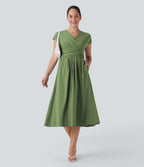 Casual midi dress, V-neck, short sleeves, side pockets, tie-back detail, quick-drying
